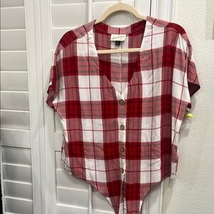 Red and White Plaid Button-Up Top